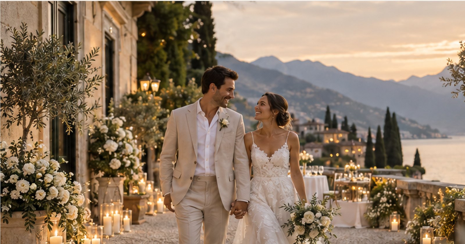 Un couple marche sur une terrasse fleurie au coucher du soleil, au bord d’un lac