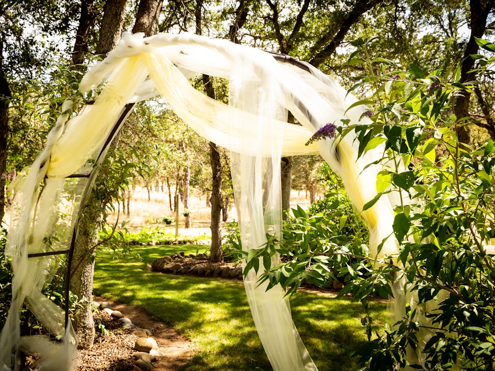 Arche voilée de blanc dans un jardin